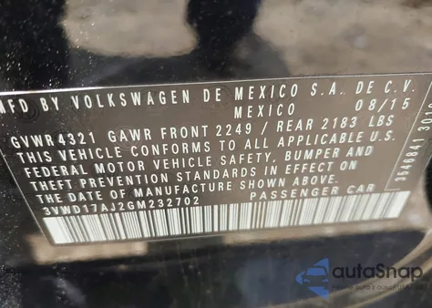 2016 Volkswagen Jetta 1.8T Sport from USA, damaged, VIN 3VWD17AJ2GM232702